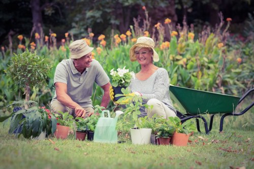 Professionals trimming hedges in a Brixton garden